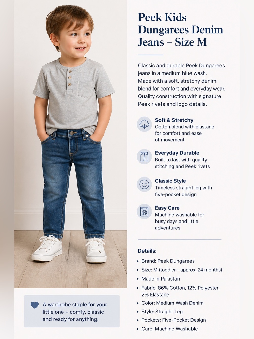 Peek Kids Denim Jeans Toddler 24M Medium Wash Stretch Straight Leg